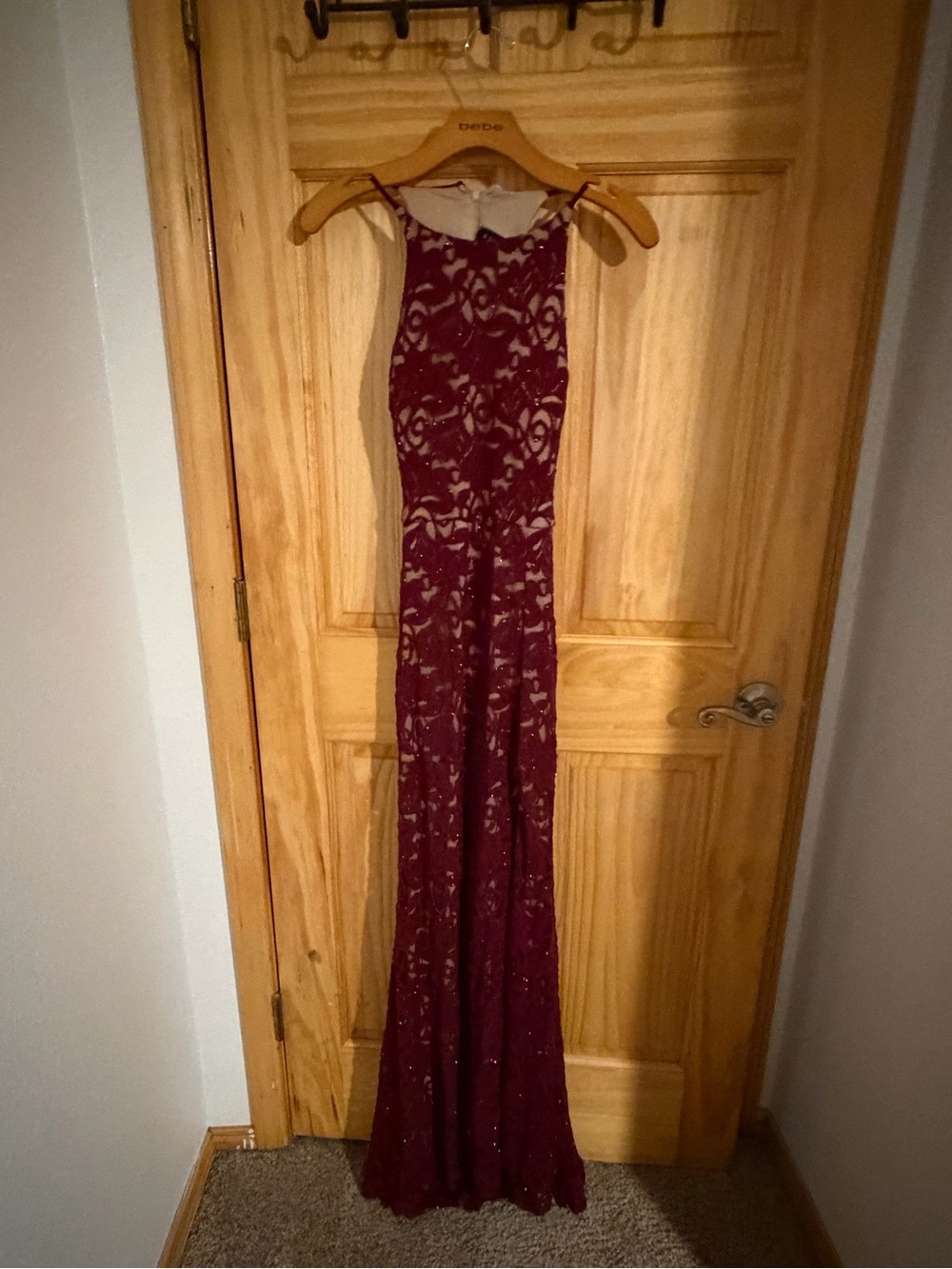 B Darlin Wine Lace Maxi Gown